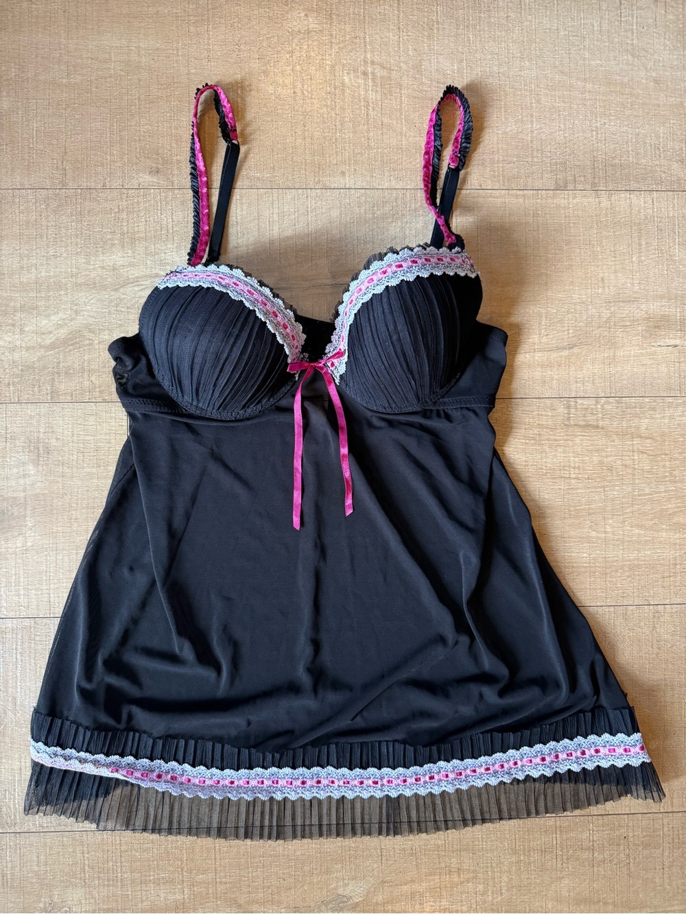 VTG Y2K RAMPAGE INTIMATES Black Pink Mesh lace Babydoll Chemise top coquette